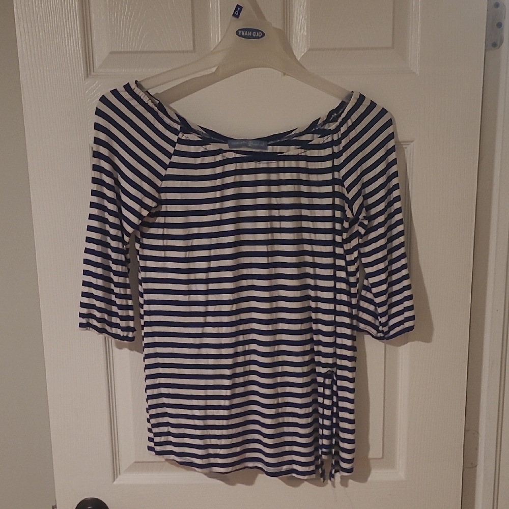 Navy and White Striped Mid Sleeve Top